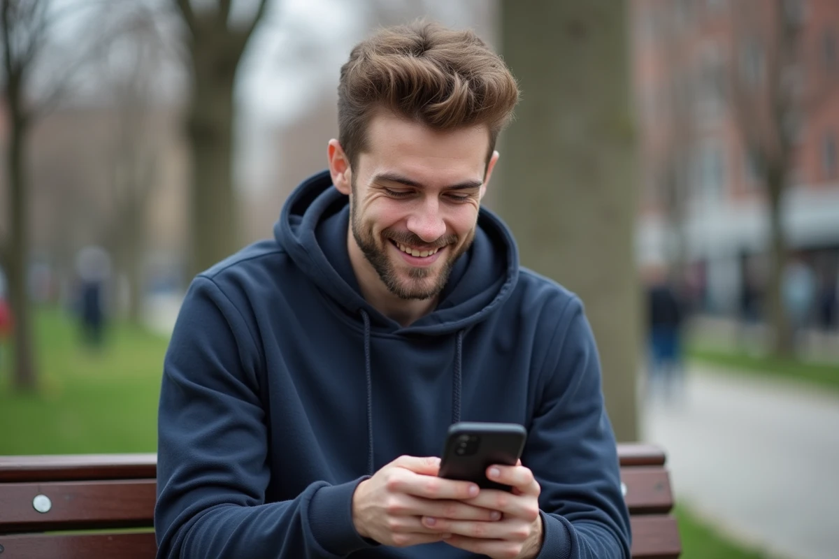 Jeune homme dans un parc regardant Instagram sur son téléphone
