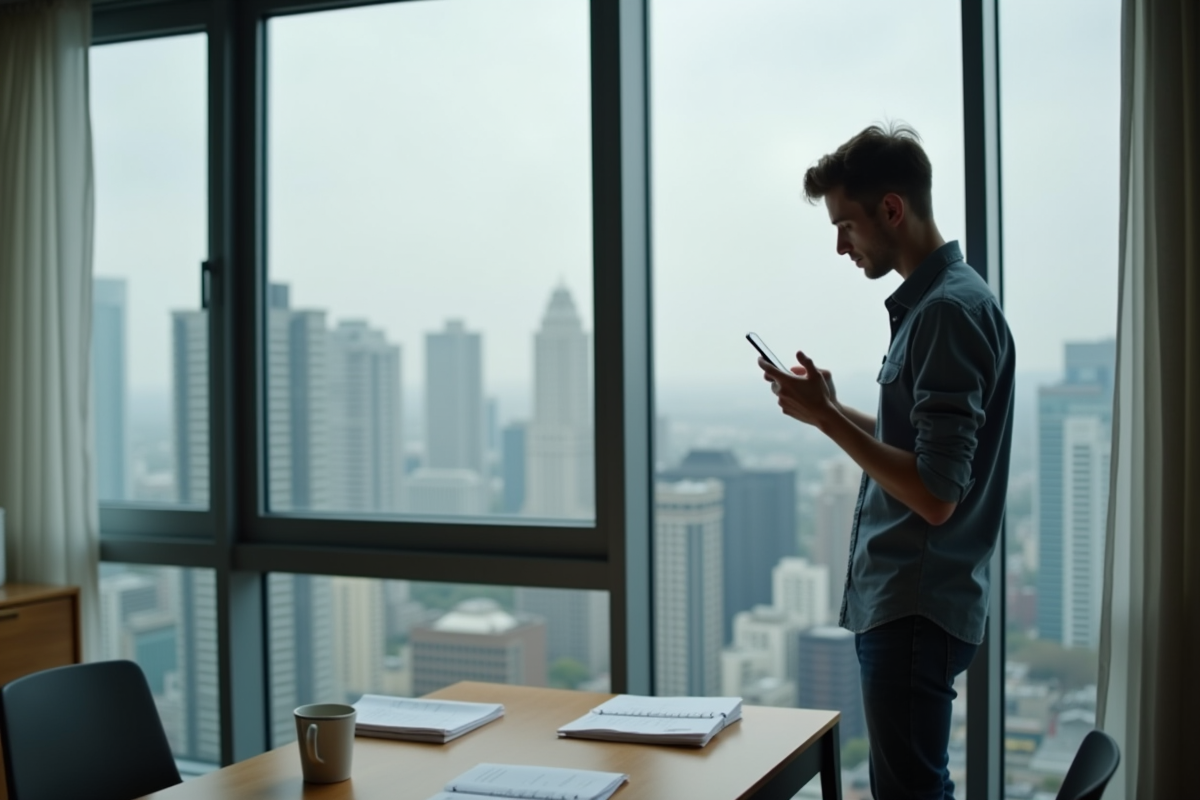 Jeune homme regardant son smartphone dans un appartement urbain
