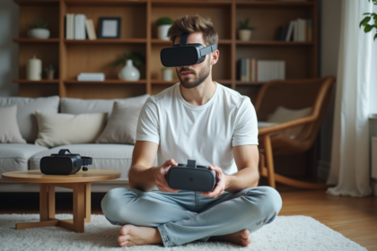 Jeune homme en salon avec casques VR comparant deux modèles