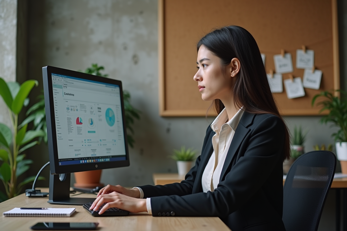 Jeune femme marketing concentrée sur son ordinateur dans un espace minimaliste