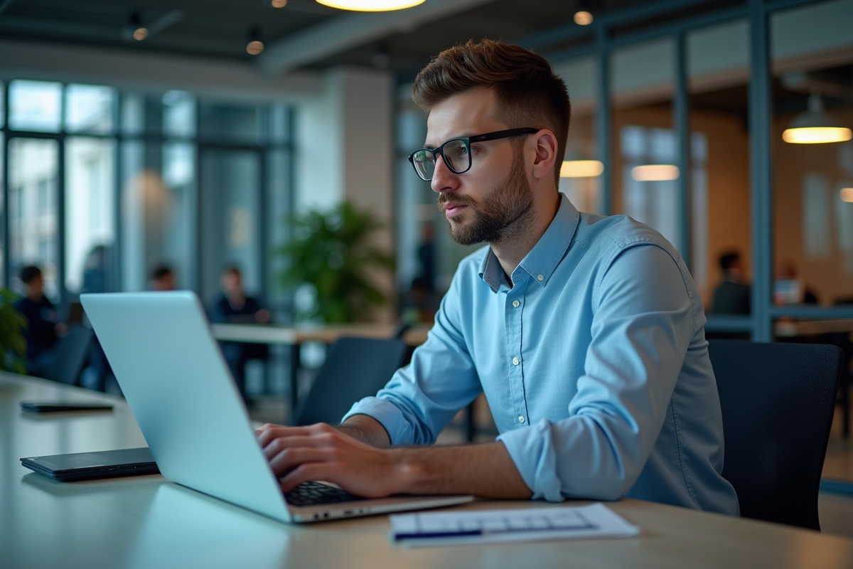 Jeune professionnel au bureau travaillant sur son ordinateur