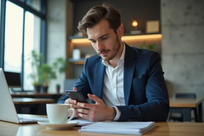 Jeune homme professionnel utilisant son smartphone pour analyser des données marketing