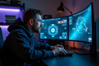 Gamer adulte concentré devant un écran ultrawide 21/9 affichant l'interface HUD de Eve Online 2 dans un bureau gaming sombre