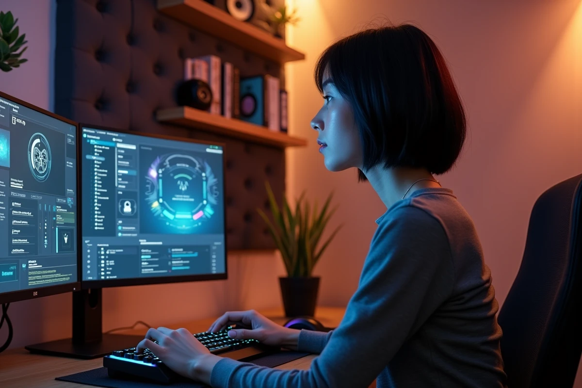 Joueuse adulte configurant les paramètres HUD et UI de Eve Online 2 sur un écran 21/9 dans un studio de streaming moderne
