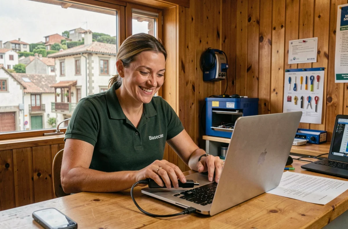 Technicienne de inform@Tyt Leglise dépannant un ordinateur portable sur la Côte basque