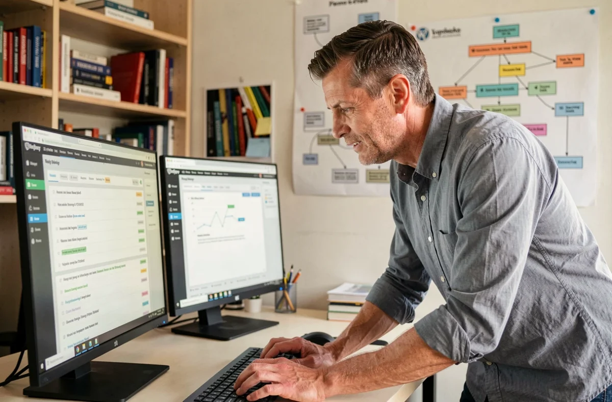 Spécialiste SEO de Les Mots Clés Roi analysant des données de référencement sur un tableau de bord WordPress