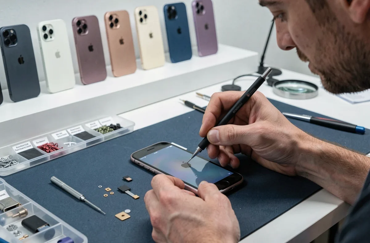 Technicien bordelais de Lifone remplaçant l'écran d'un iPhone reconditionné sur un établi équipé d'outils de précision dans son atelier spécialisé