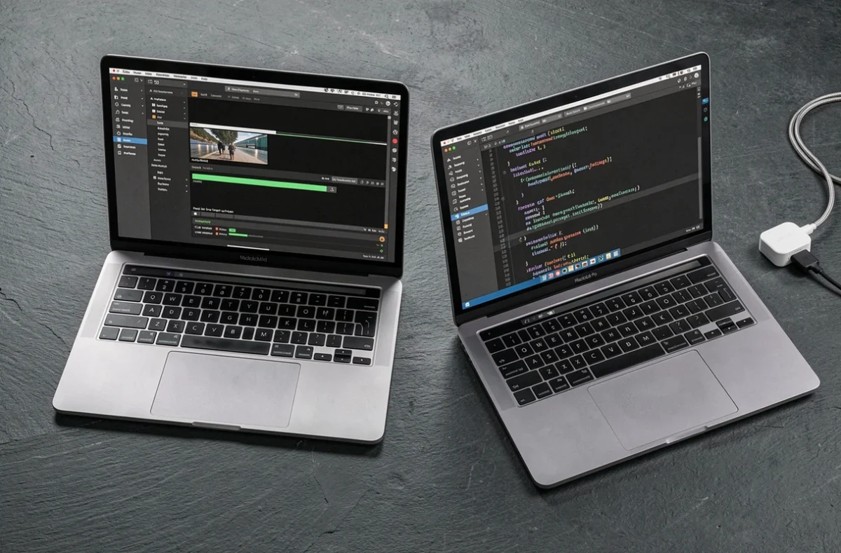 MacBook Air M2 et MacBook Pro en vue flat lay sur surface ardoise dans un studio tech
