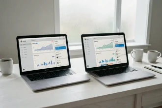 MacBook Air M2 et MacBook Pro côte à côte sur un bureau en bois blanc dans un bureau moderne