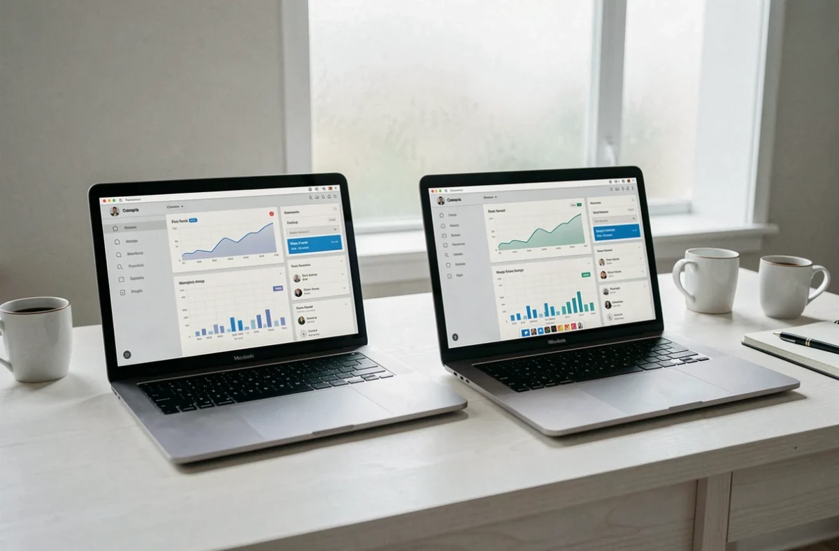 MacBook Air M2 et MacBook Pro côte à côte sur un bureau en bois blanc dans un bureau moderne