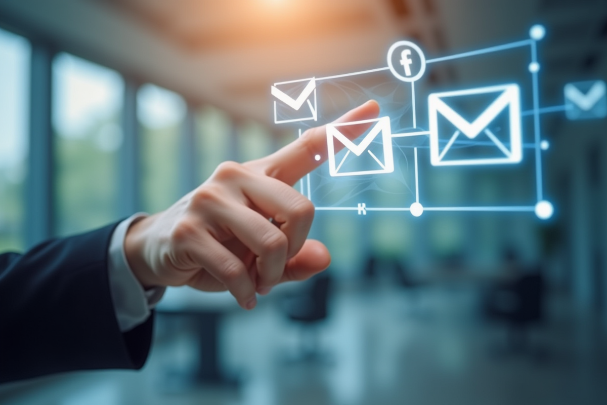 Main touchant un écran virtuel avec icônes de réseaux sociaux et emails