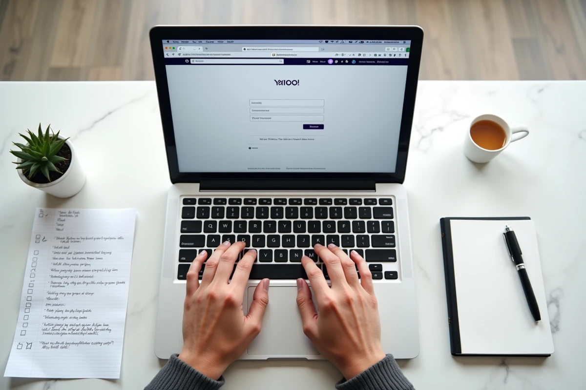 Mains tapant sur un ordinateur portable ouvert sur la page de création de boîte mail Yahoo avec une liste de vérification manuscrite