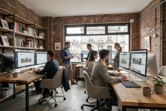 Bureau d'une agence numérique moderne dans le Pas-de-Calais avec des professionnels travaillant sur des projets WordPress