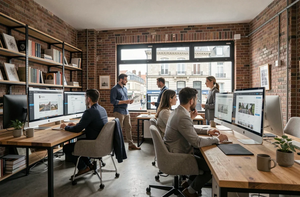 Bureau d'une agence numérique moderne dans le Pas-de-Calais avec des professionnels travaillant sur des projets WordPress