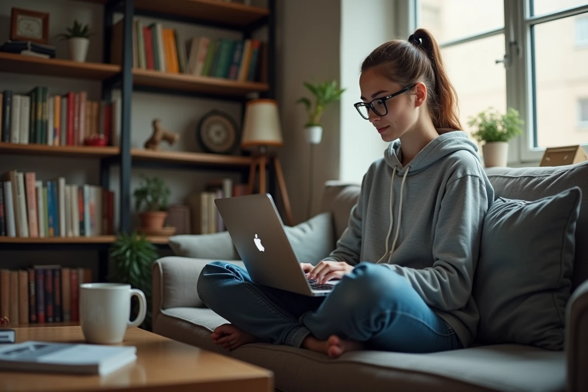Jeune femme mettant à jour les drivers de son ordinateur portable depuis son canapé à domicile