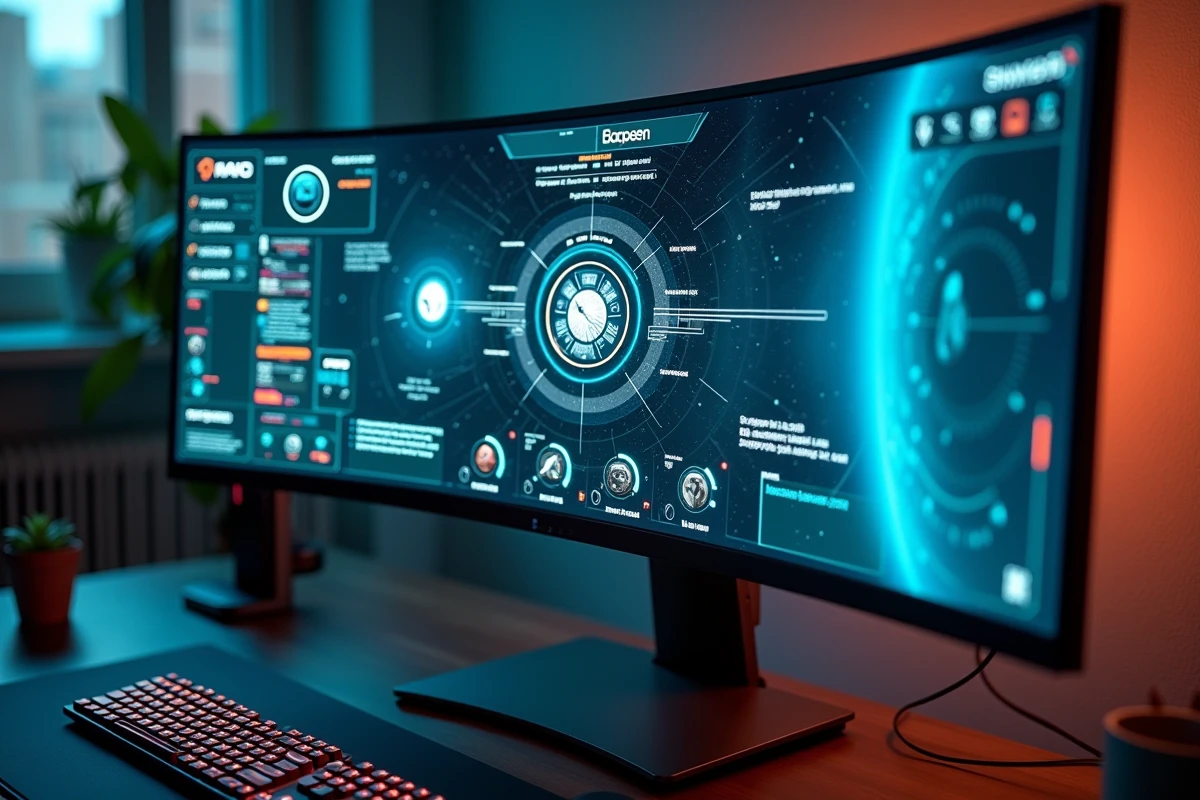 Écran ultrawide 21/9 courbé affichant l'interface HUD détaillée de Eve Online 2 avec panneaux de statut et carte stellaire