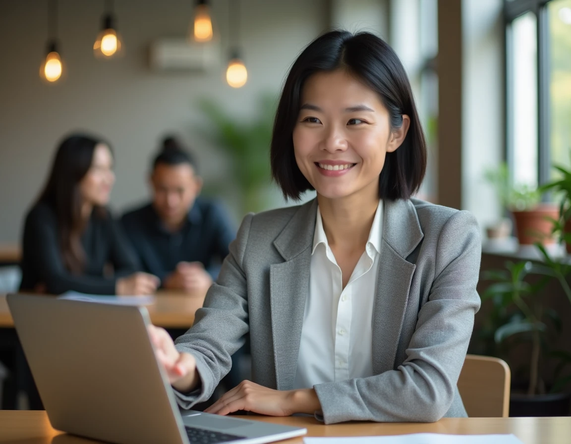 Femme utilisant des mots-clés dans une interface de recherche avancée dans un espace de coworking