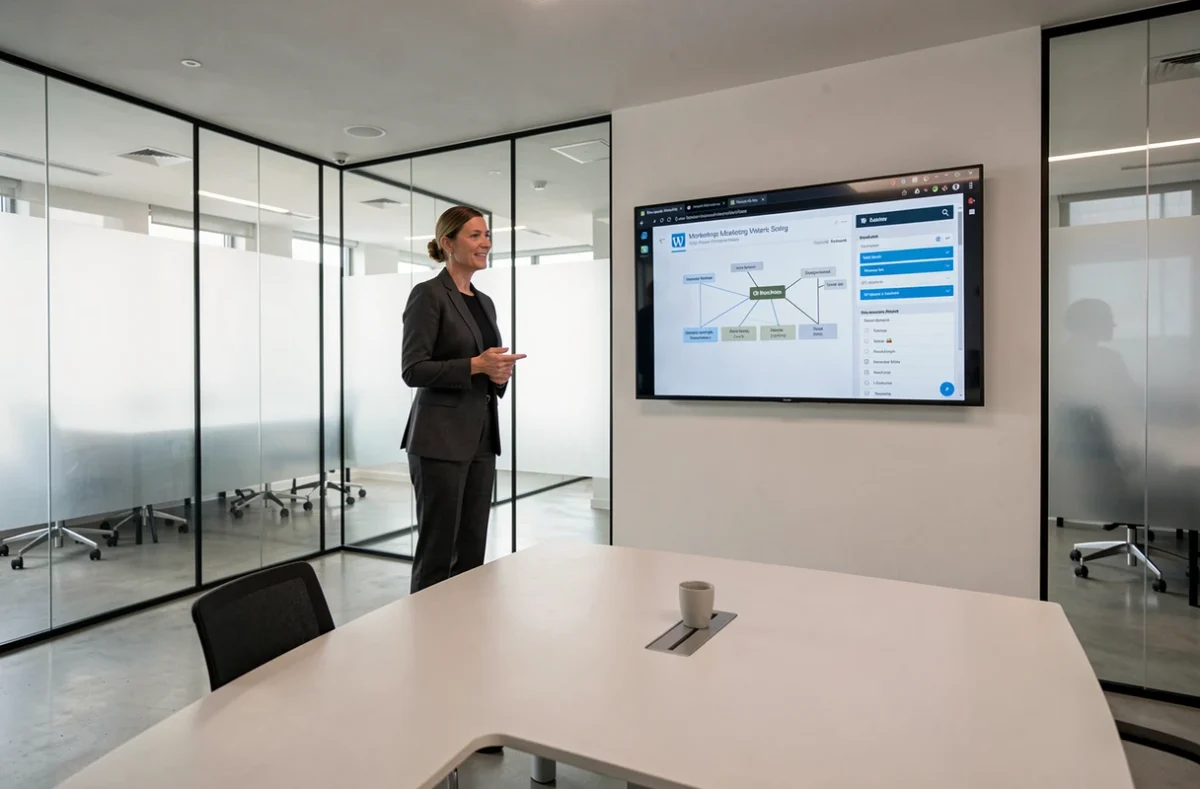 Consultante de Net Stratégie présentant une stratégie digitale et WordPress dans une salle de réunion moderne