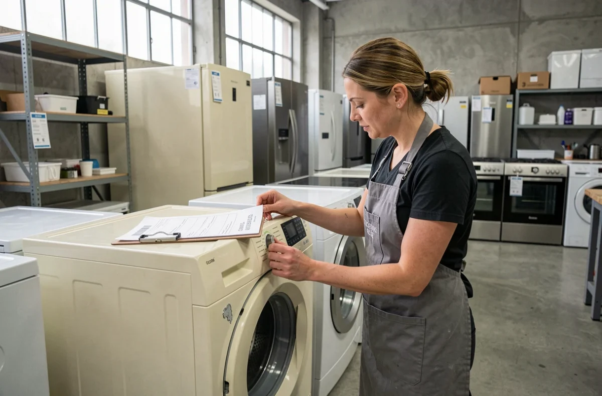 Technicienne d'Occasions Renée vérifiant un électroménager reconditionné avec une fiche de garantie dans un atelier de reconditionnement en Gironde