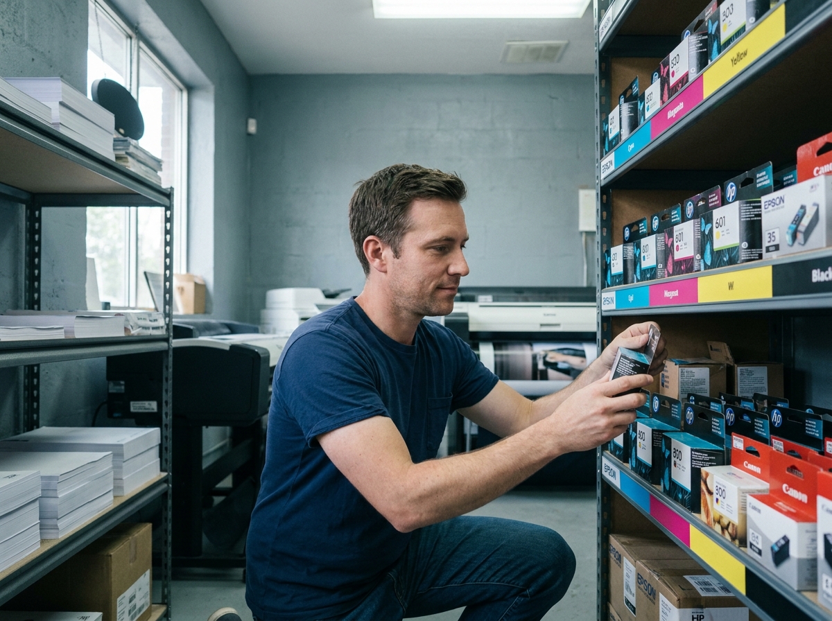 Technicien organisant un stock de cartouches d'encre dans une réserve d'imprimerie professionnelle
