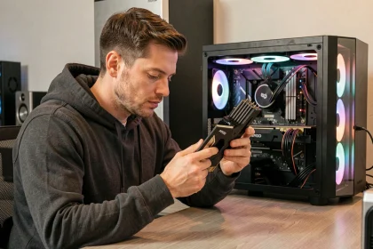 Passionné de PC gamer comparant des composants Intel AMD et Nvidia sur un bureau gaming moderne en 2026