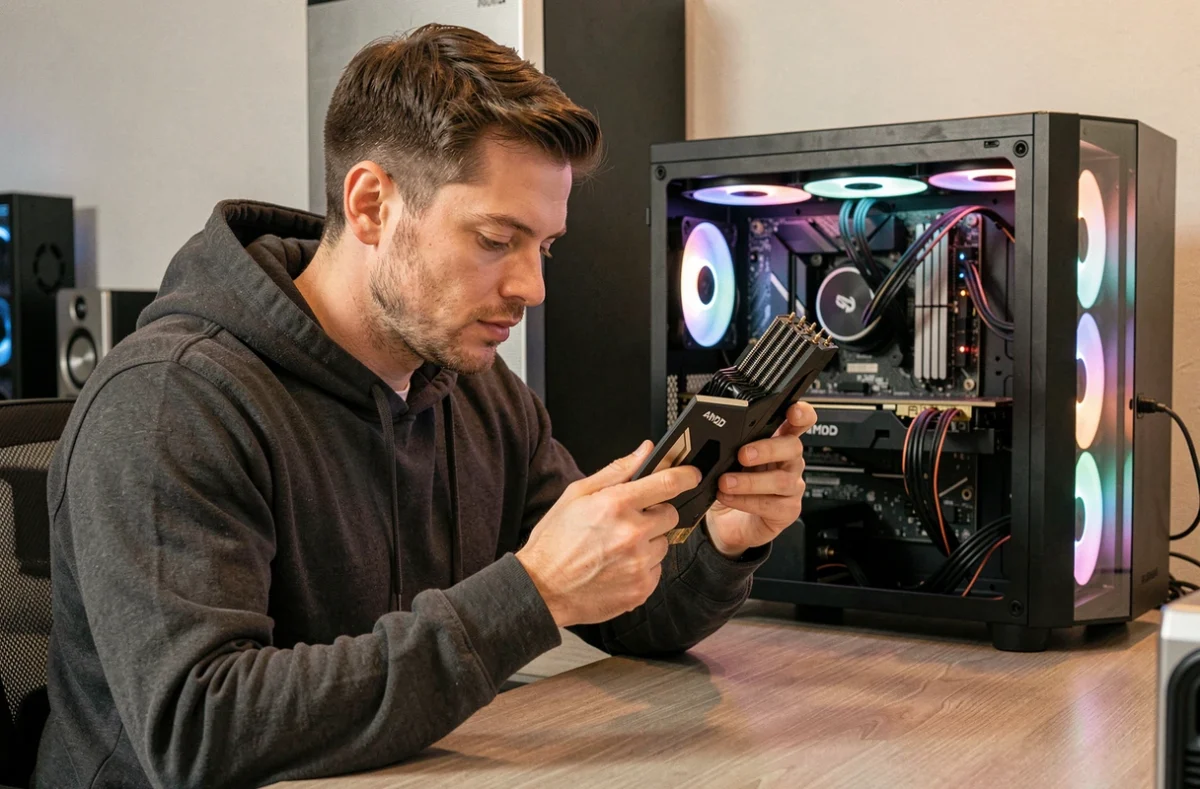 Passionné de PC gamer comparant des composants Intel AMD et Nvidia sur un bureau gaming moderne en 2026
