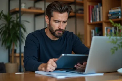 Homme consultant un magazine numérique PC Expert sur tablette dans un bureau moderne