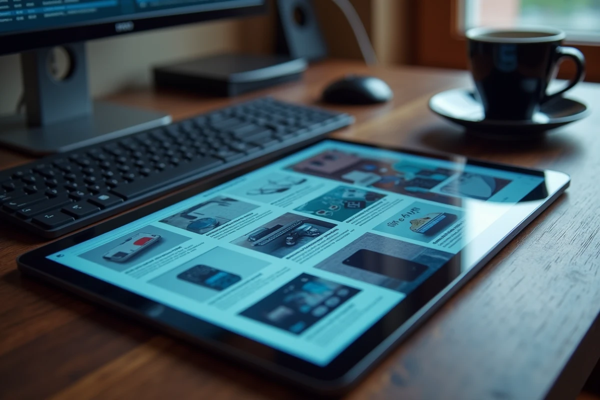 Gros plan d'une tablette affichant un magazine PC Expert en version numérique PDF sur un bureau professionnel