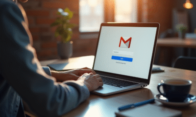 Personne travaillant sur un bureau avec un laptop affichant Gmail