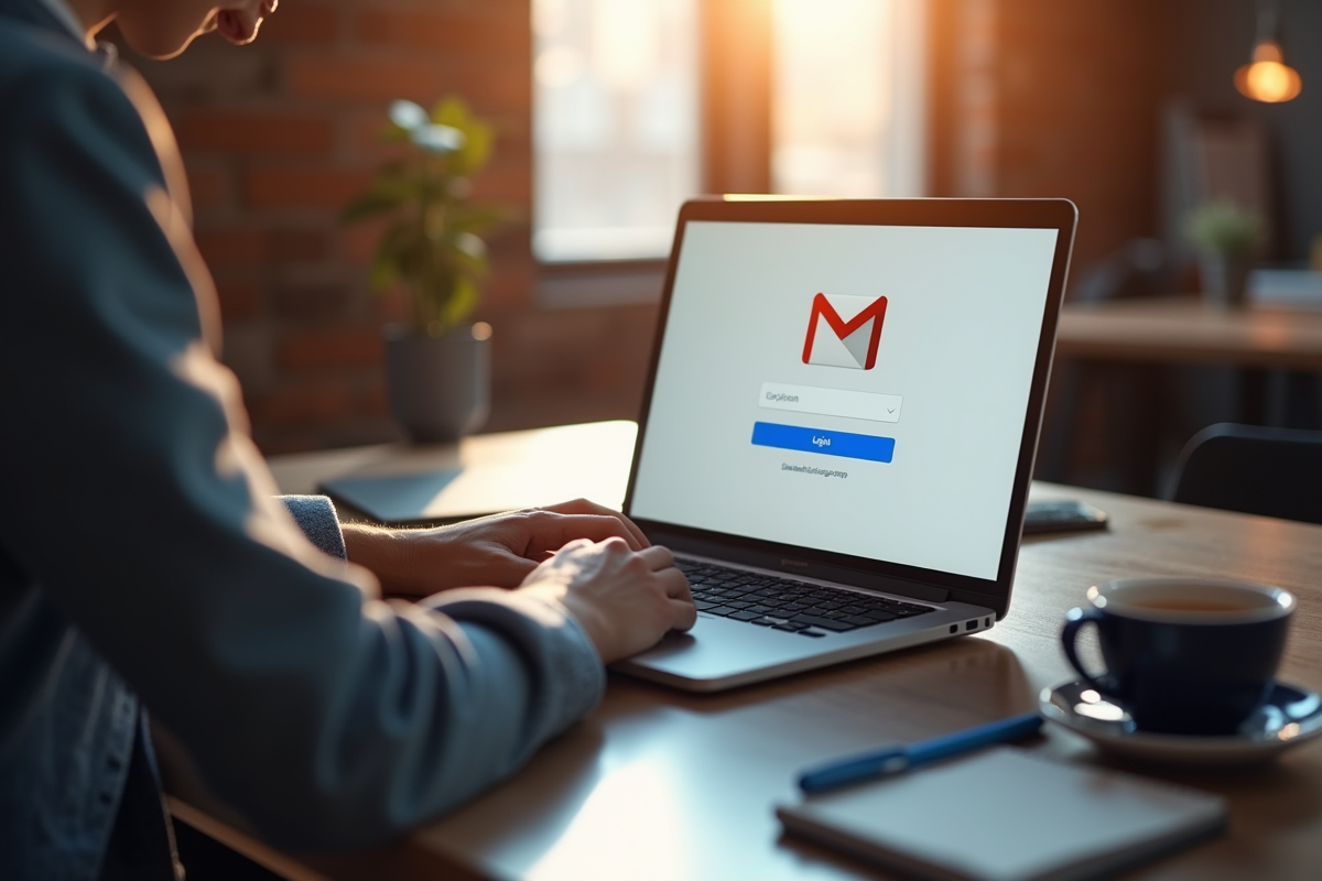 Personne travaillant sur un bureau avec un laptop affichant Gmail