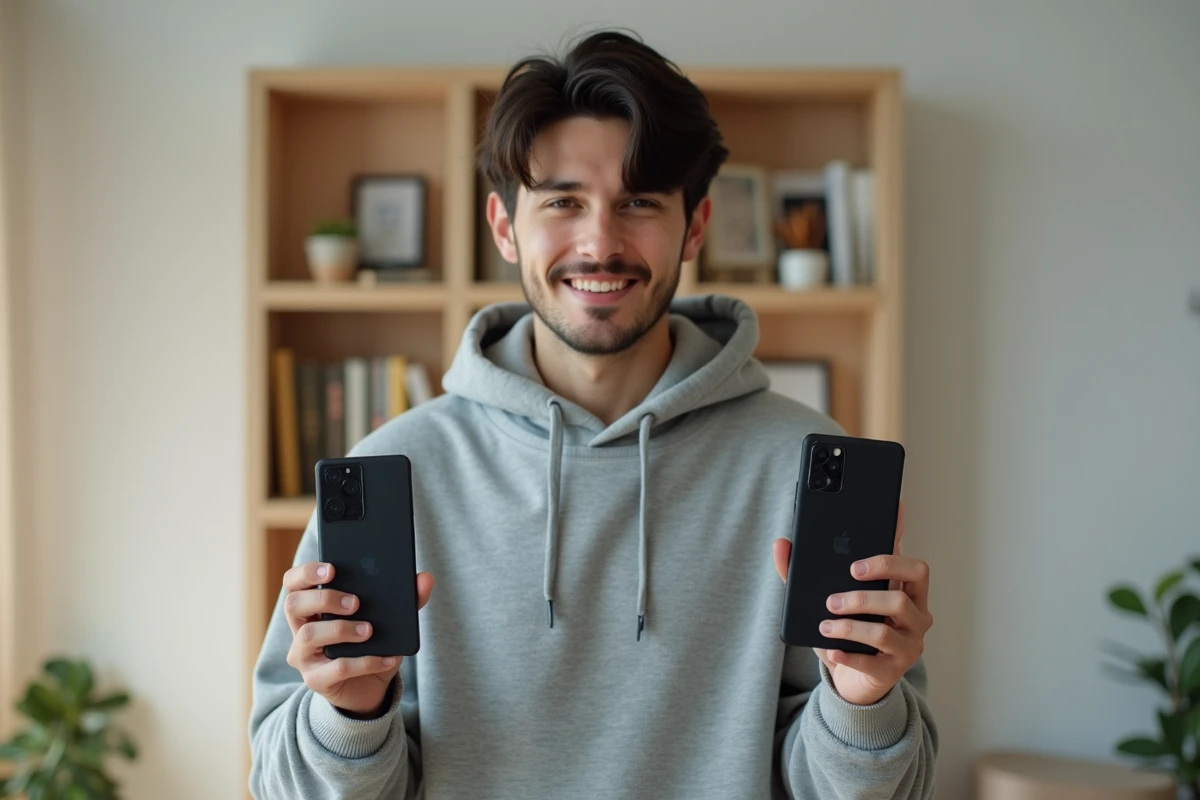 Une personne tenant deux smartphones Samsung Galaxy S24 FE et Galaxy S24 dans ses mains pour une comparaison directe des appareils en 2026