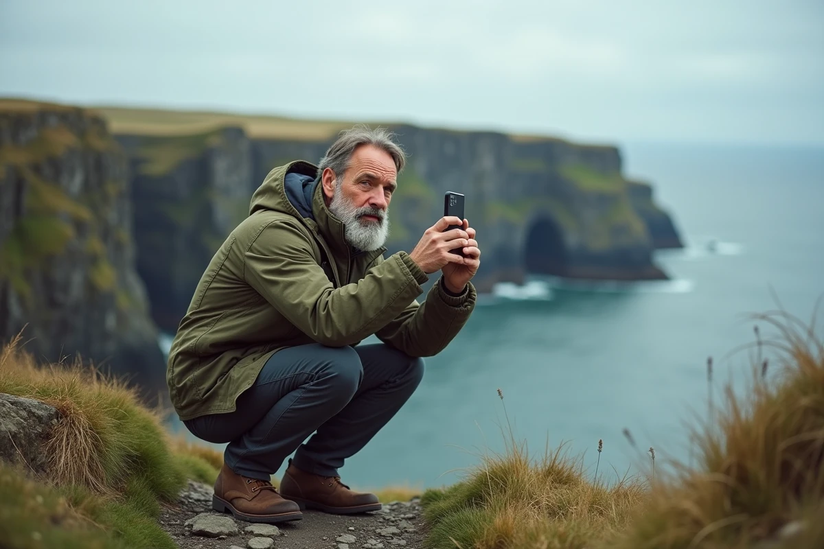 Photographe amateur utilisant un téléphone Google en plein air sur un sentier côtier rocheux