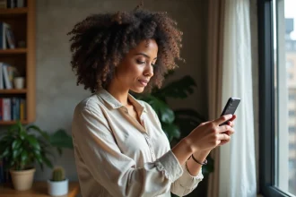 Photographe amateure examinant ses clichés sur un téléphone Google Pixel dans un appartement moderne