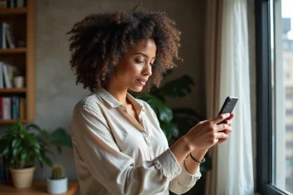 Photographe amateure examinant ses clichés sur un téléphone Google Pixel dans un appartement moderne