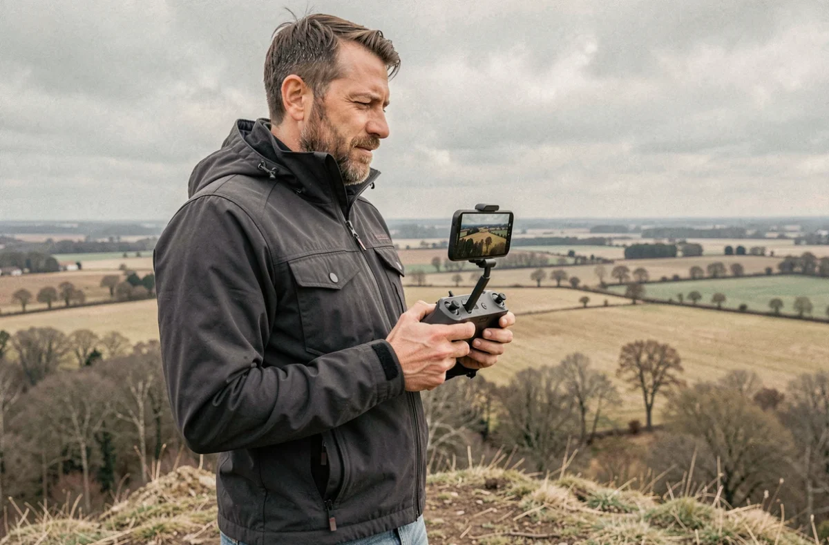 Photographe tenant une télécommande de drone avec écran affichant une vue aérienne 4K en temps réel en extérieur