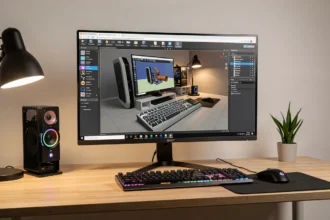 Poste de travail avec un PC et un écran affichant une scène 3D