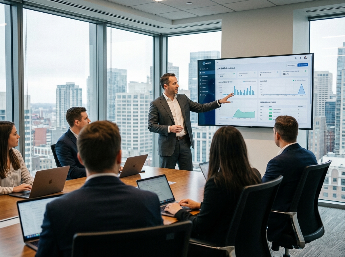 Professionnel montrant un tableau de bord API SMS lors d