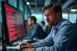 Homme professionnel informatique face à un écran d'erreur