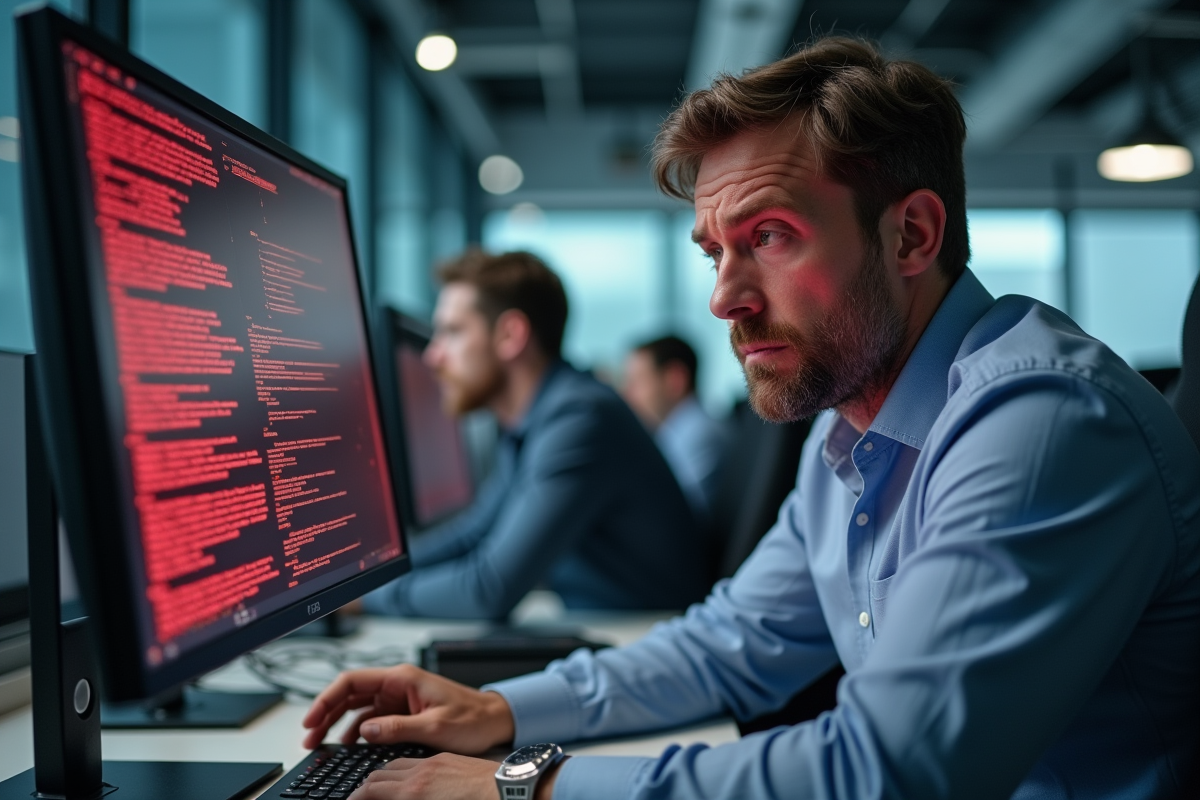 Homme professionnel informatique face à un écran d'erreur