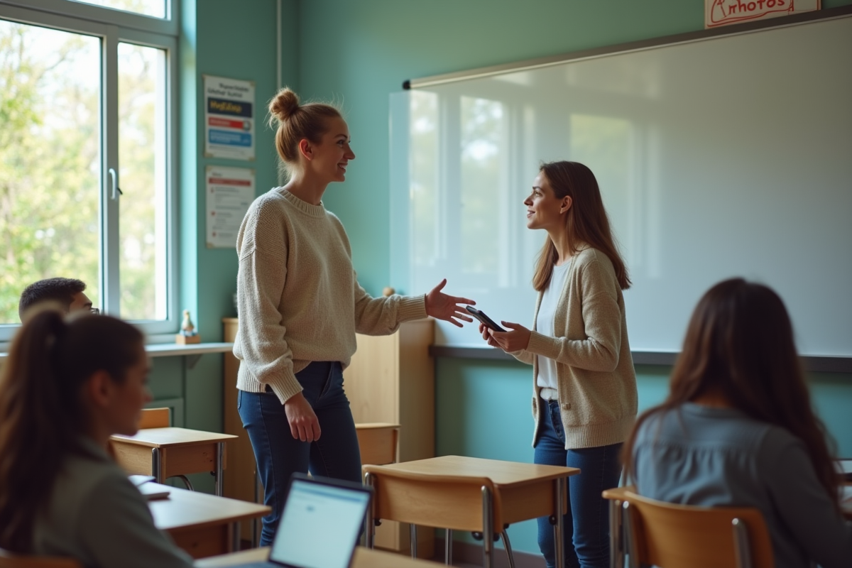 Professeure aidant des élèves avec tablettes en classe