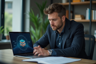 Homme d'affaires en blazer regardant un diagramme blockchain