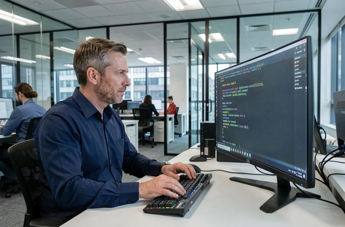 Homme en bureau open space cherchant un raccourci pour convertir du texte en majuscules sur son clavier