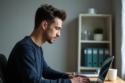 Homme utilisant des filtres de recherche avancée sur un ordinateur portable dans un bureau à domicile