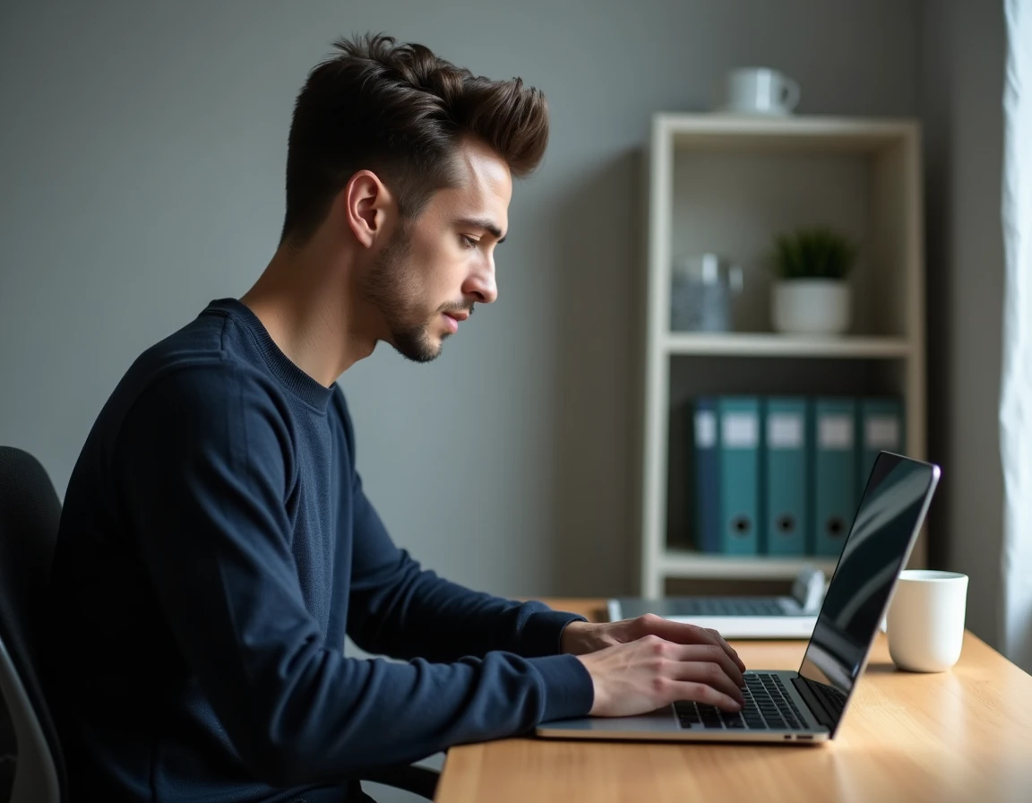 Homme utilisant des filtres de recherche avancée sur un ordinateur portable dans un bureau à domicile