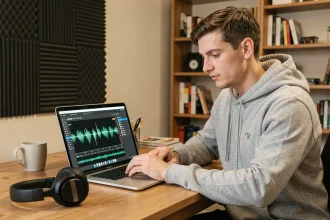 Jeune homme réglant les paramètres de débit audio sur un logiciel de conversion MP3 dans un home studio acoustique