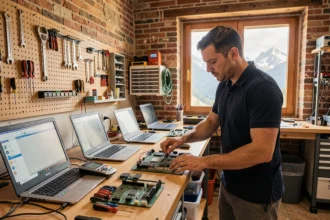 Atelier de réparation informatique dans les Pyrénées-Atlantiques avec un technicien au travail