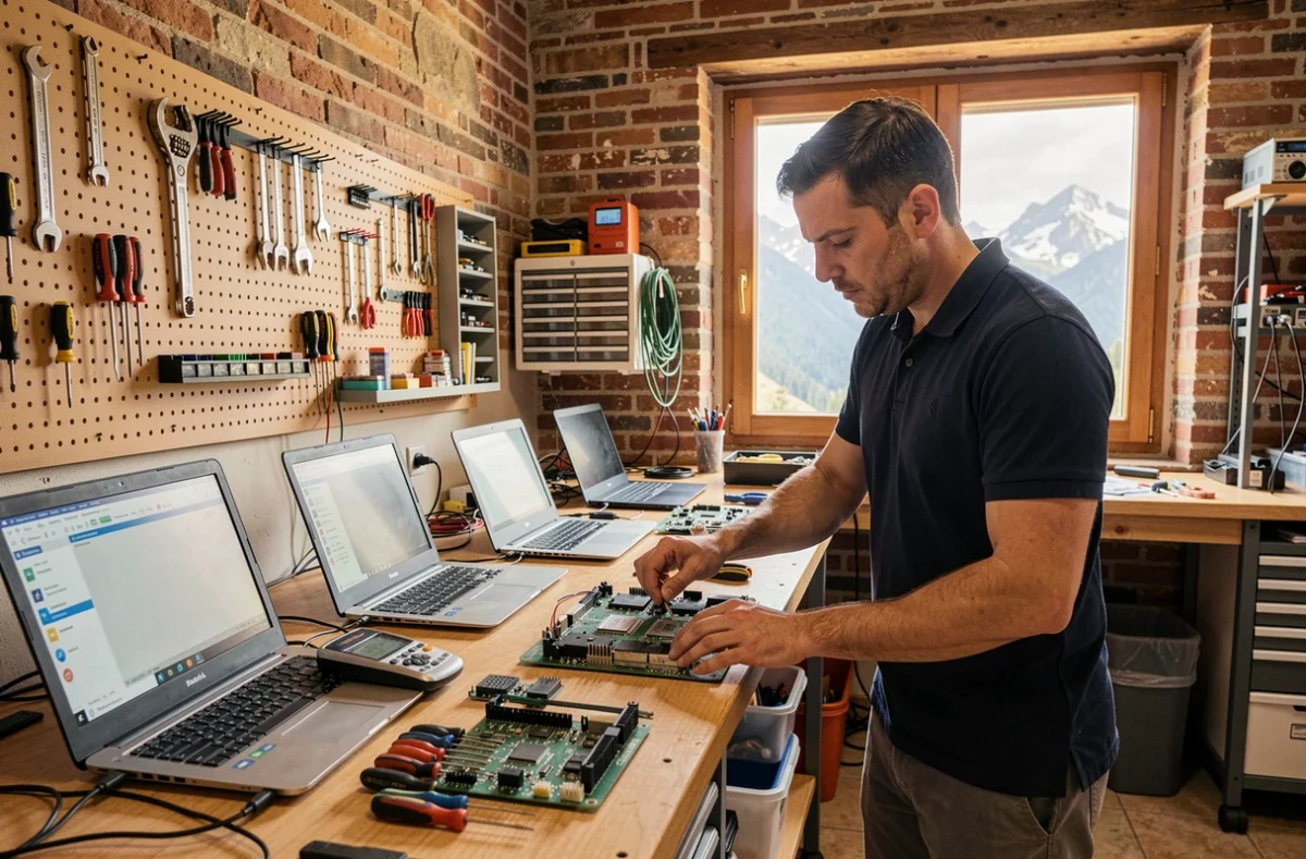 Atelier de réparation informatique dans les Pyrénées-Atlantiques avec un technicien au travail
