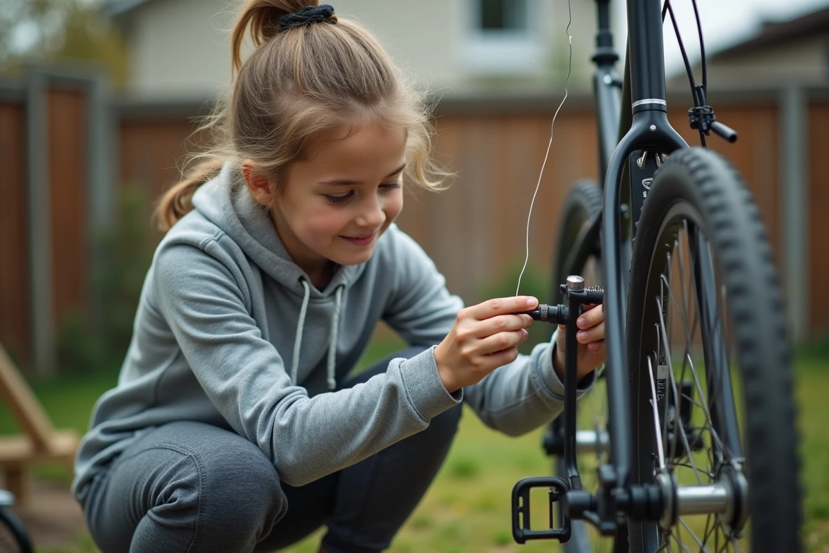 Jeune fille réparant le câble de frein de son vélo