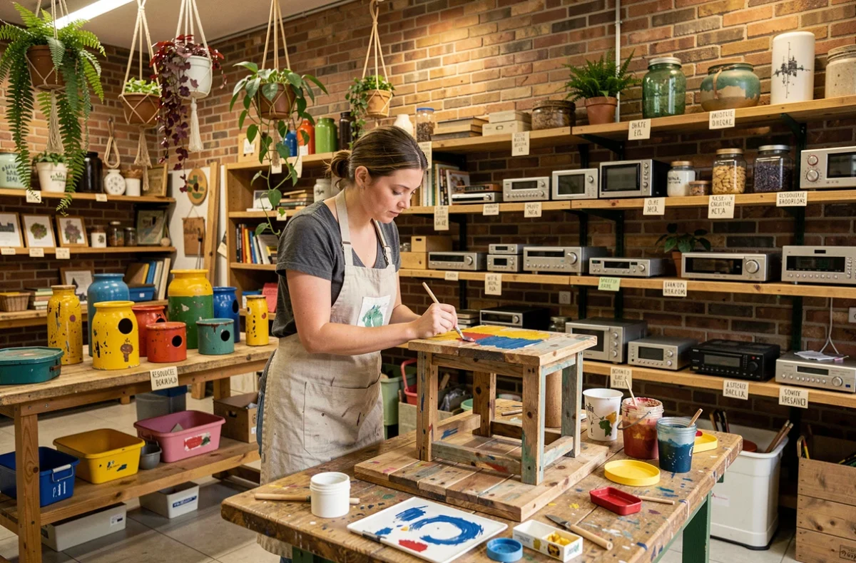 Artisane de la Ressourcerie Créative de Bordeaux peignant un meuble de réemploi dans un atelier d'économie circulaire aux murs en briques et aux étagères d'objets upcyclés