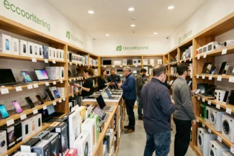 Vue panoramique d'un magasin de matériel électronique reconditionné en Gironde avec des rayons remplis d'appareils remis à neuf et des clients en train de les examiner